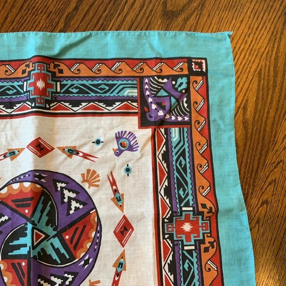Vtg Wamcraft Bandana Southwest Aztec Teal Purple Black‎ Rare Print Made In USA